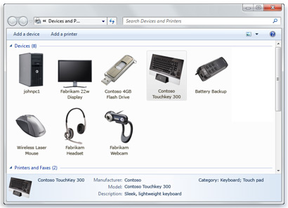 Captura de pantalla de la carpeta Dispositivos e impresoras en Windows 7.