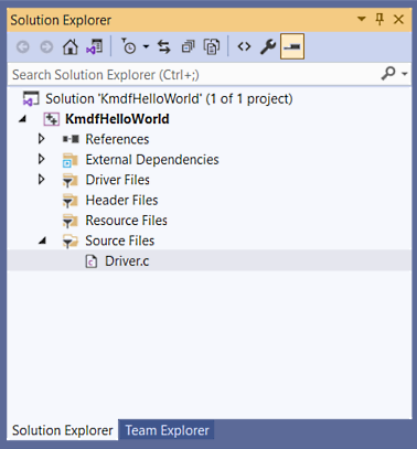 Captura de pantalla de la ventana del Explorador de soluciones de Visual Studio que muestra el archivo driver.c agregado al proyecto de controlador.