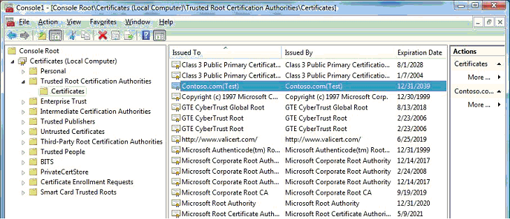 captura de pantalla del almacén de certificados de entidades de certificación raíz de confianza en el complemento de certificados mmc.