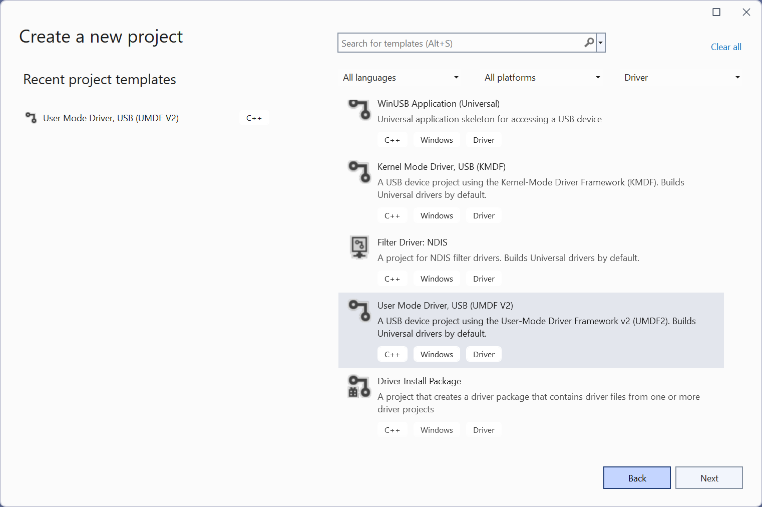 Captura de pantalla de las opciones de creación del proyecto de Visual Studio.
