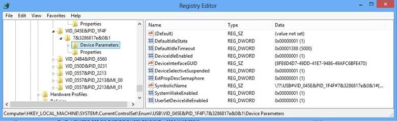 Captura de pantalla del Editor del Registro de Windows que muestra la configuración de un dispositivo WinUSB.