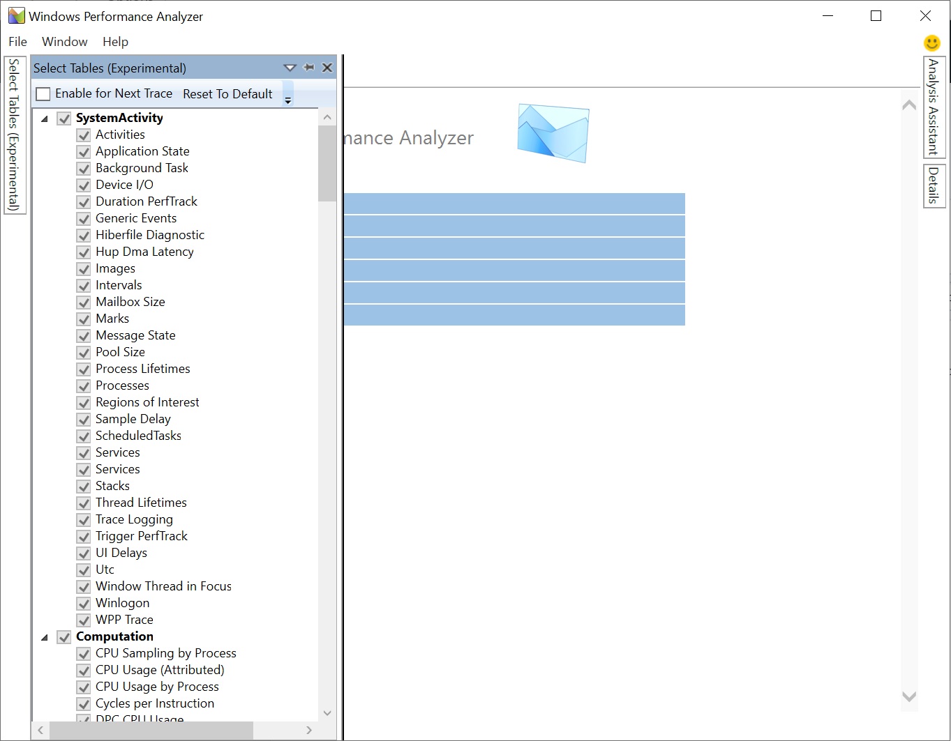 Cuadro de diálogo Select Tables del Analizador de rendimiento de Windows con todas las tablas seleccionadas