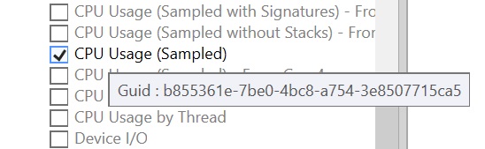 CPU Usage (Sampled) activado en la lista desplegable de la casilla, donde el elemento emergente Guid muestra b855361e-7be0-4bc8-a754-3e8507715ca5