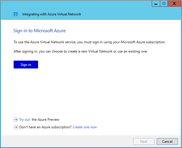 Captura de pantalla en la que se muestra la página Iniciar sesión en Microsoft Azure del Asistente para la integración con Azure Virtual Network.