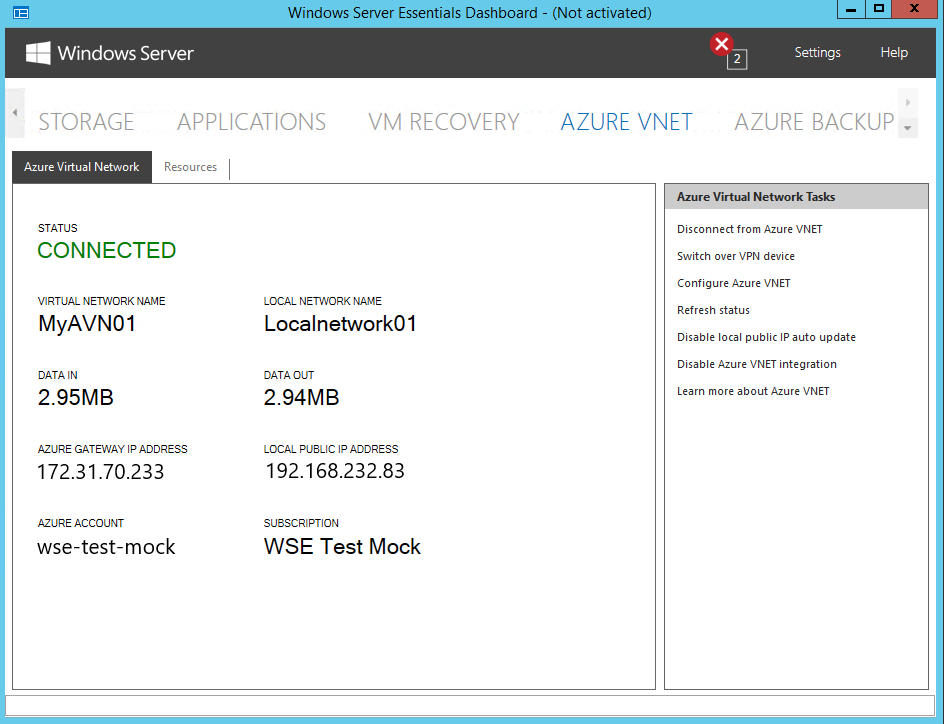 Captura de pantalla en la que se muestra la página VNET de Azure del panel de Windows Server Essentials. La pestaña Azure Virtual Network está seleccionada y muestra el estado como Conectado. Además, entre la información de este estado, aparecen los detalles de la red virtual.