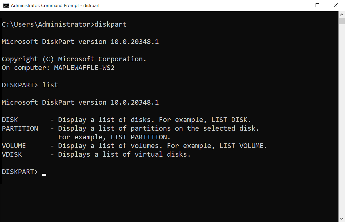 Captura de pantalla del comando diskpart list.