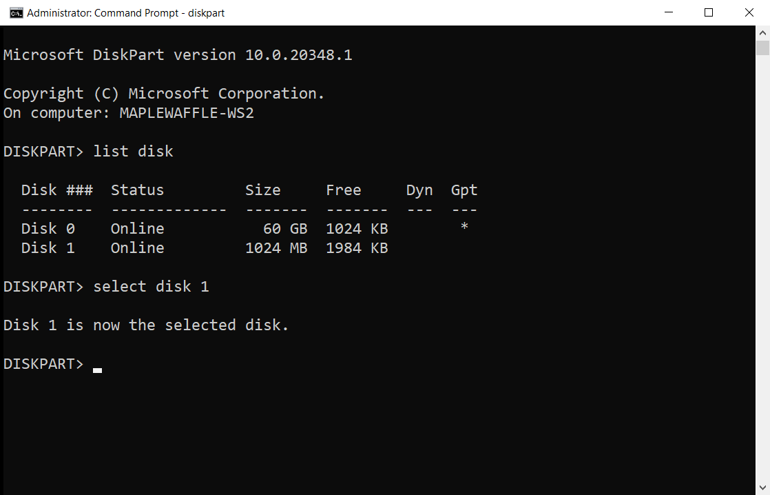 Captura de pantalla de diskpart en la que se muestran las opciones de comando de lista disponibles.