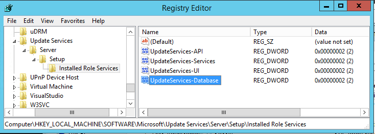 Captura de pantalla del cuadro de diálogo Editor del Registro que muestra la actualización del nombre de clave a UpdateServices-Database.