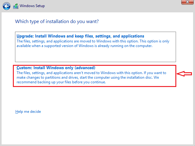 Screencap of the Windows Server 2016 installation wizard showing the custom install option selected