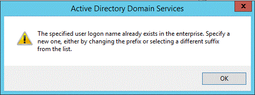 Captura de pantalla que muestra un mensaje que indica que el nombre de inicio de sesión que usó ya existe en la empresa.