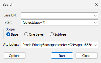 Captura de pantalla de cómo leer la prioridad mediante rootDSE msDS-PriorityBoost.
