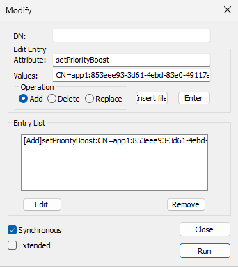 Captura de pantalla que muestra cómo modificar rootDSE mediante setPriorityBoost.