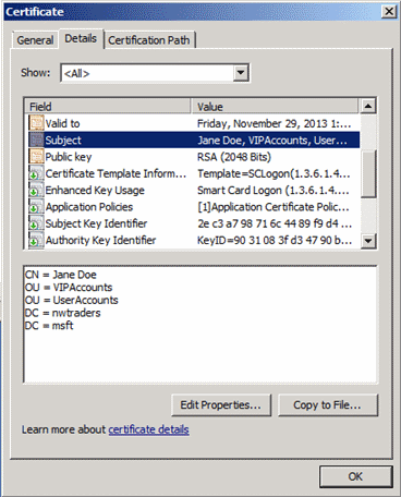 Screenshot that shows the Subject attribute in a certificate typically contains a user's common name.