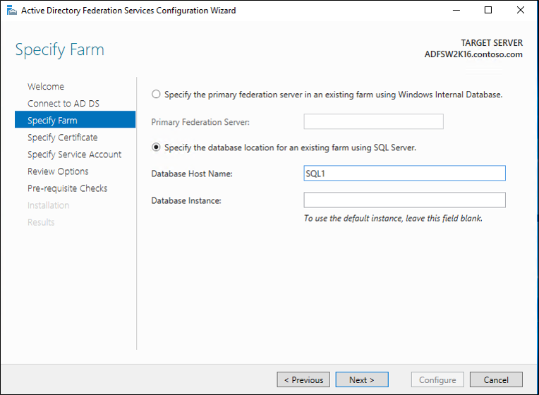 Captura de pantalla que muestra la pantalla Especificar granja de servidores en el asistente de configuración de AD FS.
