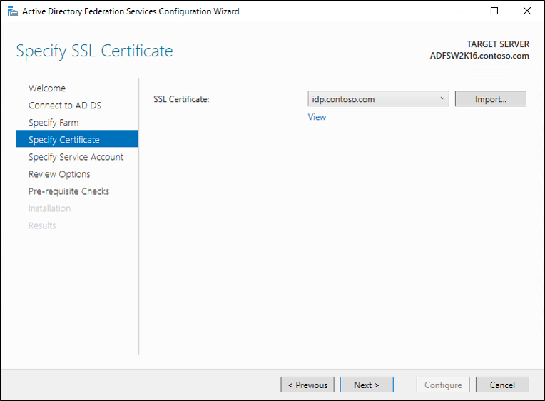 Captura de pantalla que muestra cómo especificar el certificado para unirse a la granja de servidores.