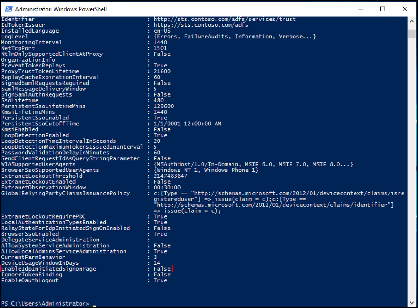 Screenshot showing PowerShell output highlighting that the EnableIdpInitiatedSignonPage property is set to false.
