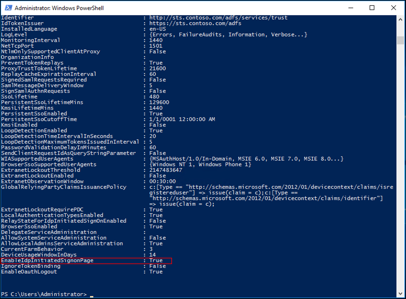Screenshot PowerShell output highlighting that the EnableIdpInitiatedSignonPage property is set to true.