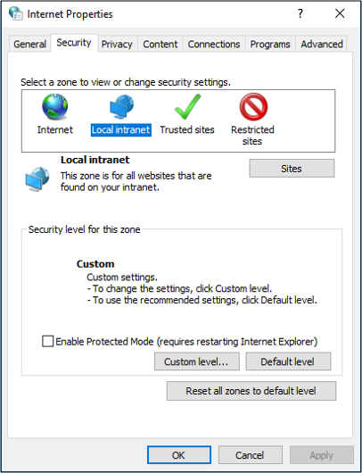 Screenshot of the Security tab of the Internet Properties dialog box showing the Local Intranet option highlighted.