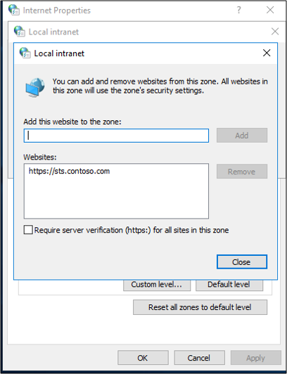 A screenshot of the local intranet popup box requesting the URL to be added for authentication.