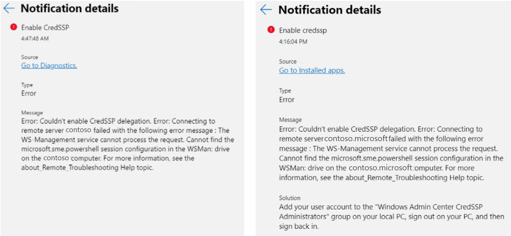 Una comparación en paralelo de la notificación de error de permisos de punto de conexión para Cred S S P en Windows Admin Center.