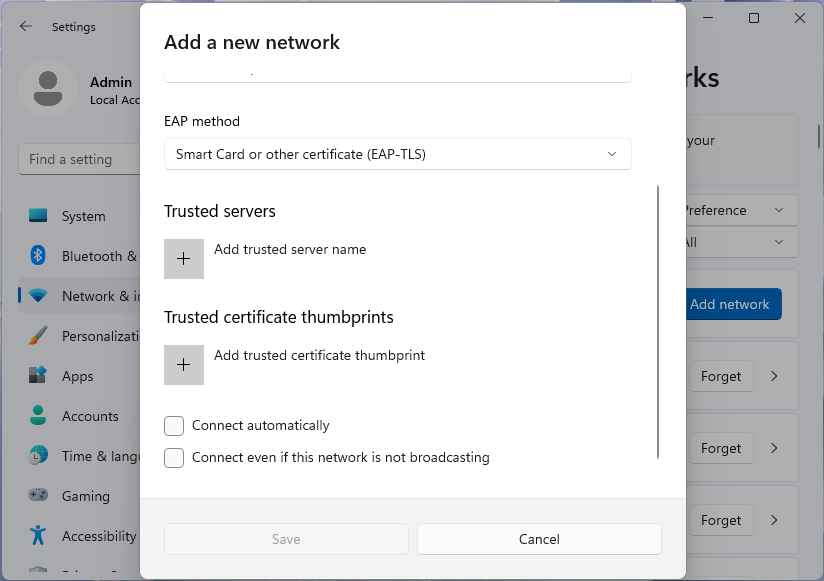 Captura de pantalla del cuadro de diálogo Agregar una nueva red, que muestra WPA3-Enterprise y EAP-TLS, en la aplicación Configuración de Windows 11.