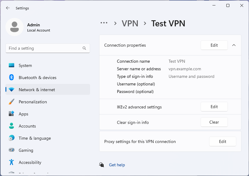 Captura de pantalla de la página de opciones avanzadas de VPN para un perfil en la aplicación Configuración de Windows 11.