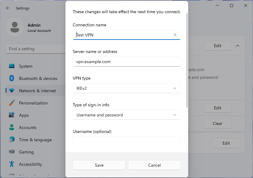Captura de pantalla del cuadro de diálogo Editar perfil VPN en la aplicación Configuración de Windows 11.