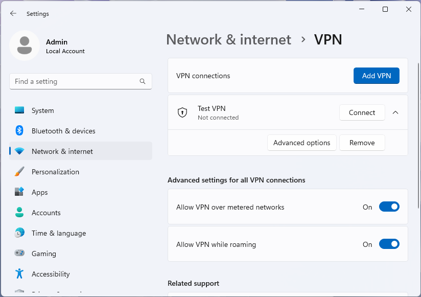 Captura de pantalla de la página VPN con el perfil seleccionado en la aplicación Configuración de Windows 11.