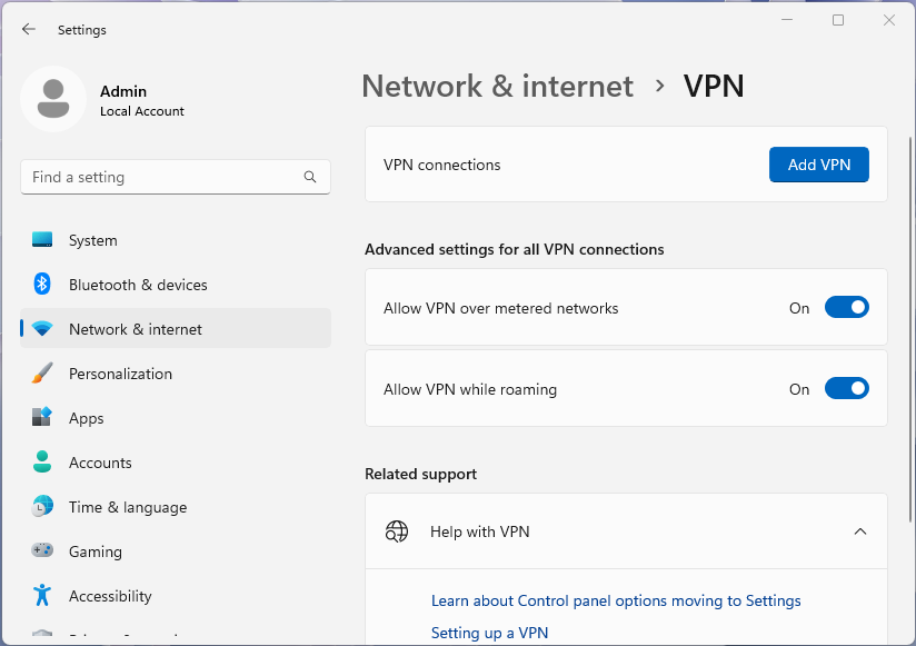 Captura de pantalla de la página VPN en la aplicación Configuración de Windows 11.