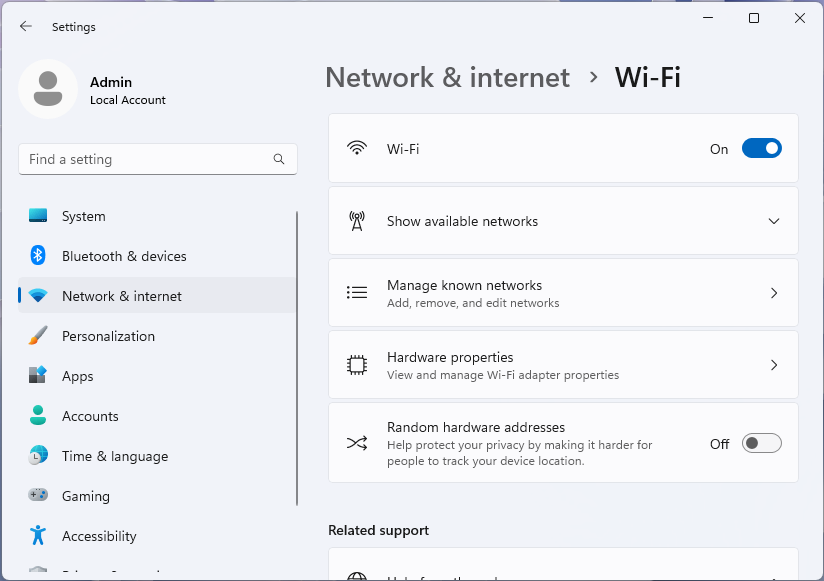 Captura de pantalla de la página Wi-Fi en la aplicación Configuración de Windows 11.