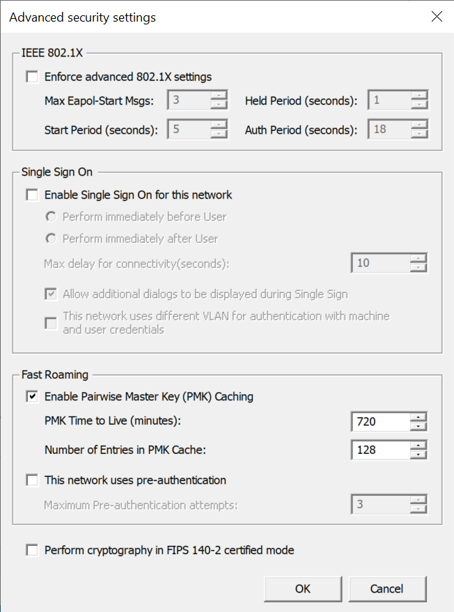 Captura de pantalla que muestra el cuadro de diálogo Configuración de seguridad avanzada para Wi-Fi.