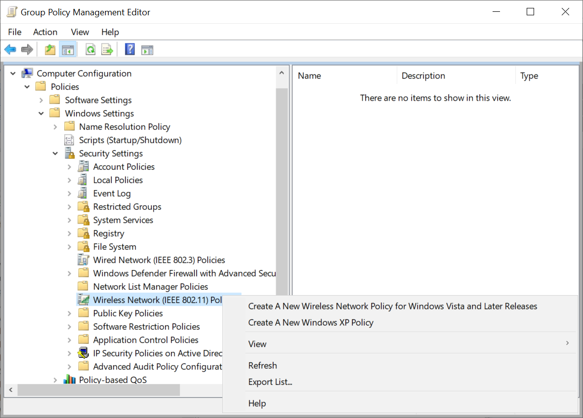 Captura de pantalla que muestra la opción Crear una nueva directiva de red inalámbrica para Windows Vista y versiones posteriores del Editor de administración de directiva de grupo.