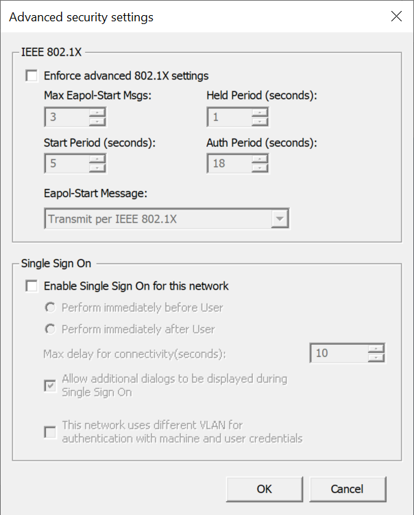 Captura de pantalla que muestra el cuadro de diálogo Configuración de seguridad avanzada para Cableada.