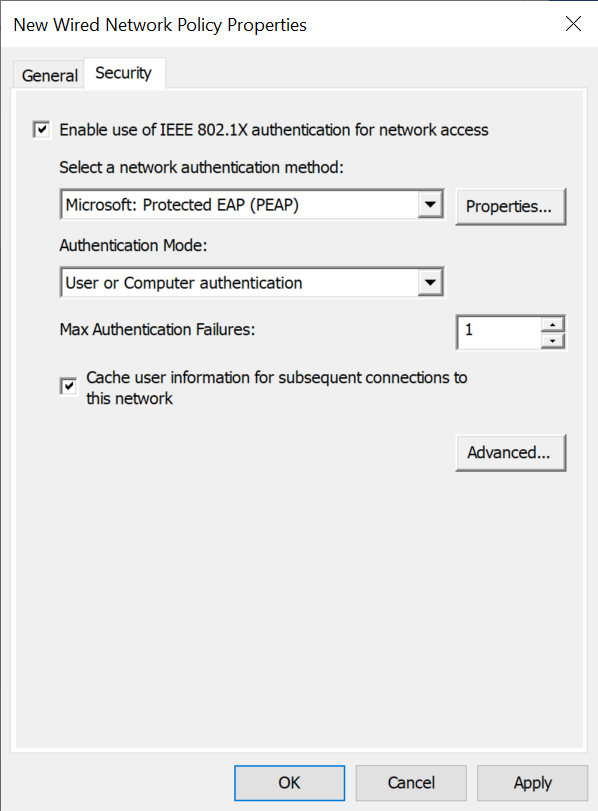 Captura de pantalla que muestra la pestaña Seguridad del cuadro de diálogo Propiedades de la nueva red cableada.
