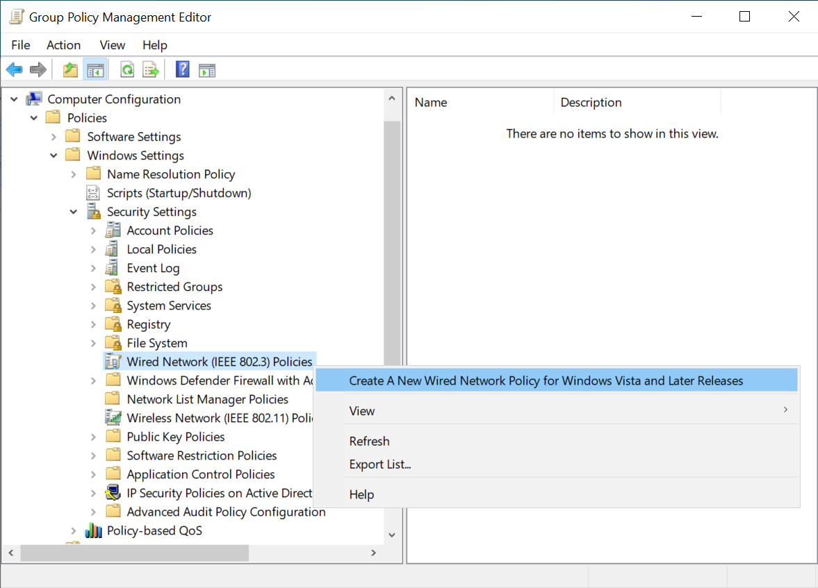 Captura de pantalla que muestra la opción Crear una nueva directiva de red cableada para Windows Vista y versiones posteriores del Editor de administración de directiva de grupo.
