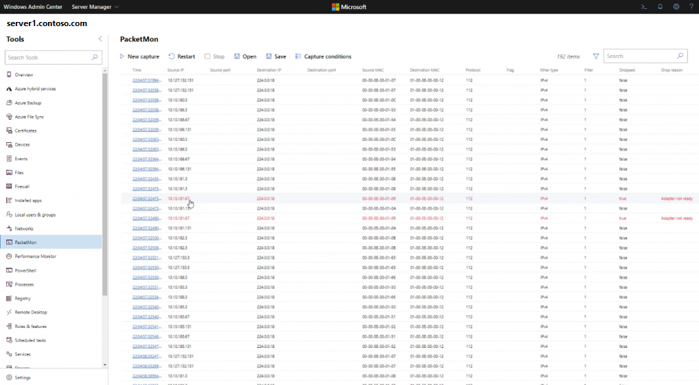 Example of capture log results table