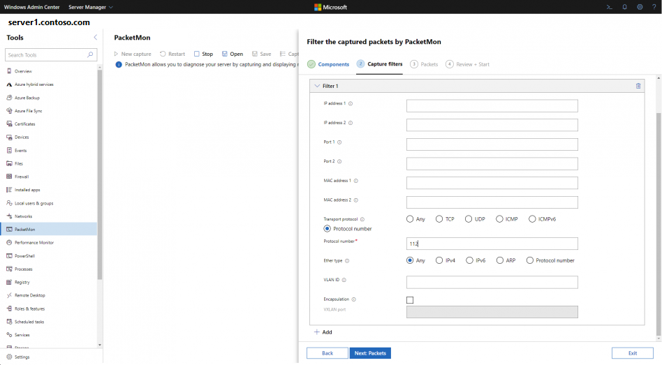 Example of filtering by packet parameters
