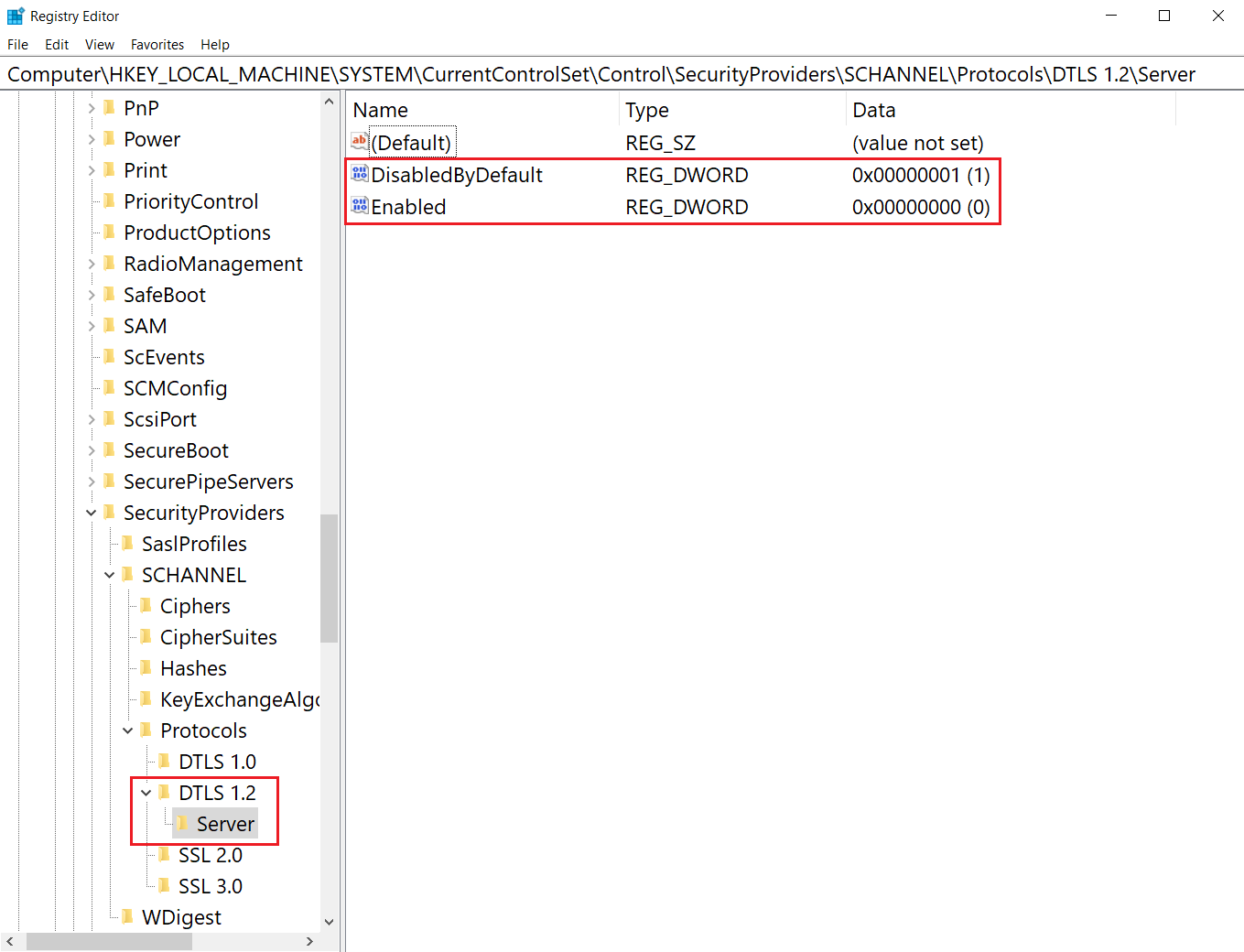 Captura de pantalla de la configuración del Registro de Windows Server para DTLS 1.2 establecida en deshabilitada de forma predeterminada.