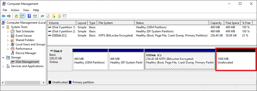 Captura de pantalla en la que se muestra el espacio disponible para ampliar un volumen en Administración de discos.