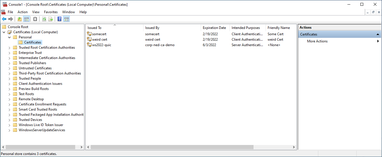 Imagen que muestra el proceso de finalización de la inscripción de certificados en Microsoft Management Console