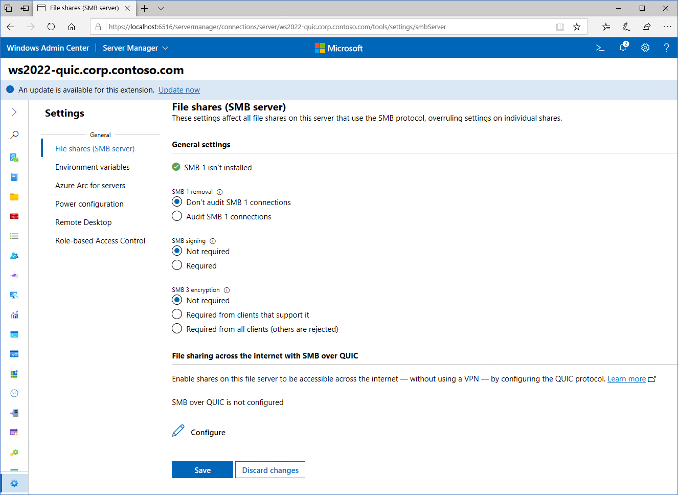 Imagen que muestra la pantalla de configuración de SMB sobre QUIC en Windows Administración Center