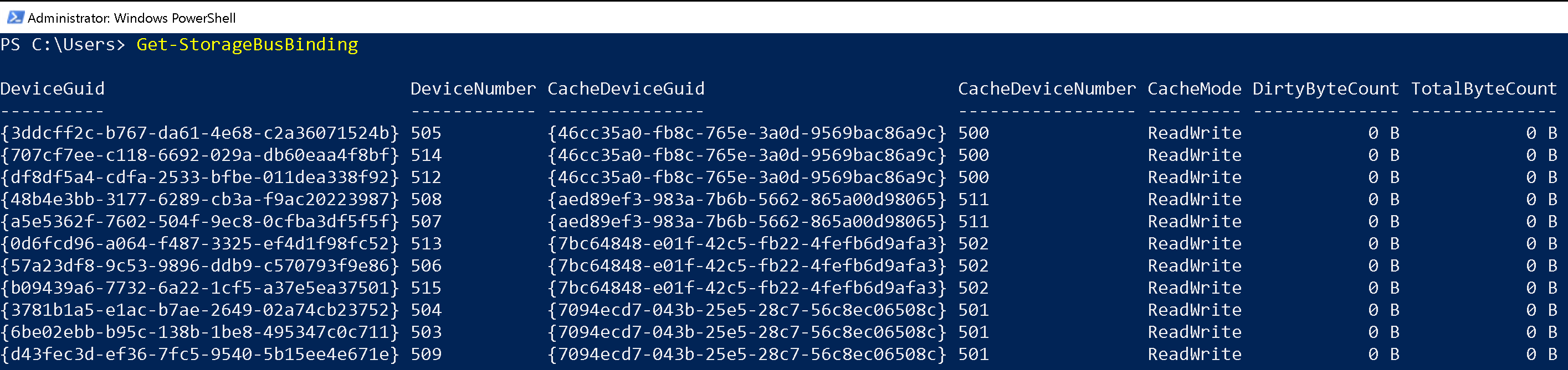 Screenshot showing the output of Get-StorageBusBinding.