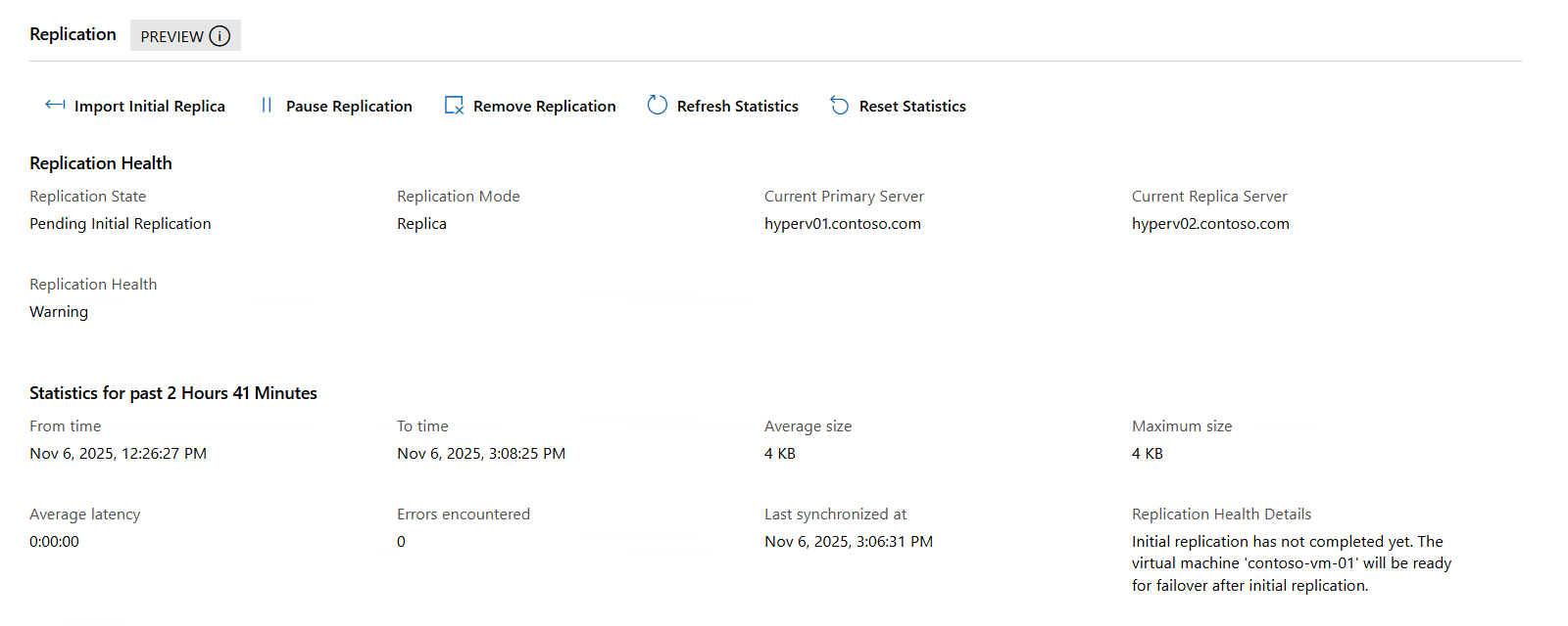 Una captura de pantalla de la sección Replicación de VM en Windows Admin Center, con la acción 