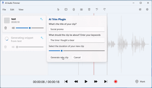 Captura de pantalla de la aplicación de ejemplo del Editor de audio en la que se muestra una prueba de la extensión del recortador de audio con IA.