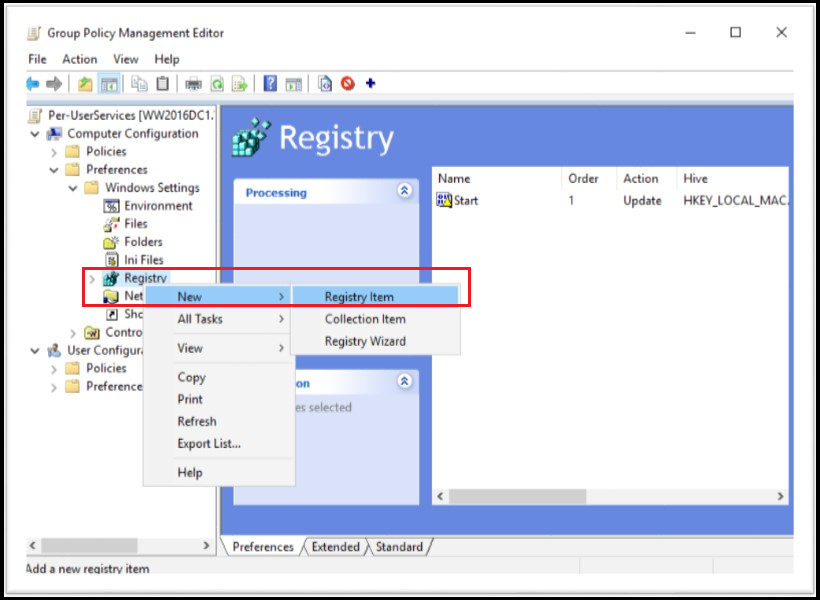 Captura de pantalla de directiva de grupo Management Editor resaltar el menú contextual en las preferencias del Registro para crear un nuevo elemento del Registro.