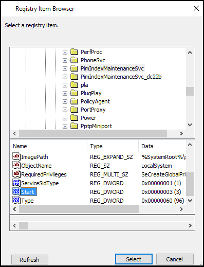 Captura de pantalla de la ventana Explorador de elementos del Registro con el elemento del Registro PimIndexMaintenanceSvc seleccionado y el valor Iniciar seleccionado.