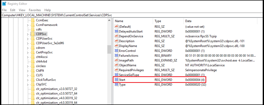 Captura de pantalla de la Editor del Registro abierta para HKEY_LOCAL_MACHINE\System\CurrentControlSet\Services\CDPSvc y resaltando el valor De inicio establecido en 4.
