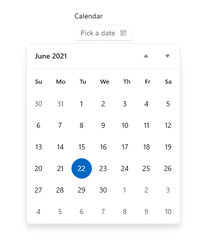 Captura de pantalla de un selector de fecha del calendario que muestra un cuadro de texto seleccionar una fecha vacío y, luego, uno rellenado con un calendario debajo de él.
