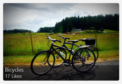 A photo of bicycles with an overlay that contains the image title and number of likes it's received.