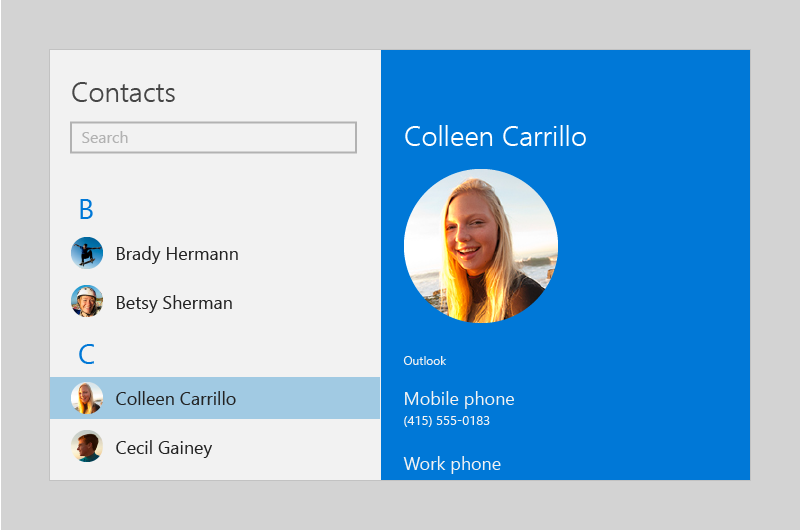 Captura de pantalla que muestra el control Imagen de persona en una lista de contactos.